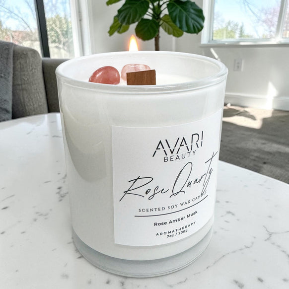 Rose Quartz Candle – Self Love & Emotional Healing | Rose Amber Musk Candle
